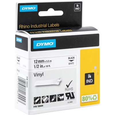 Image of DYMO Rhino Industrial Vinyl Labels 12 mm x 5.5 m Black Print on White Self Adhesive for &amp; LabelManager Label Makers