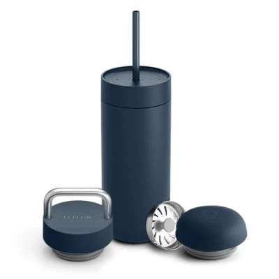 Image of Fellow 16 oz Carter Bundle (3 in 1) Travel Mug with Carry Handle, Move &amp; Cold Lids Straw to Go Coffee Tumbler, Ceramic Interior Vacuum Insulated Stainless Steel Cups Stone Blue