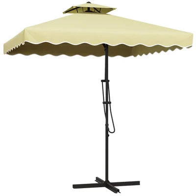 Image of Outsunny 2.5m Cantilever Parasol with Easy Lever, Square Double Top Garden Umbrella Ruffles and Cross Base, Overhanging Outdoor Sun Shades, Beige