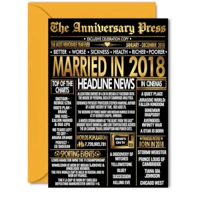 Image of Gold 7th Anniversary Card for Women Men Golden Newspaper Married in 2018 Happy 7 Year Wedding Companion Wife Husband Partner, 5x7 Inch Anniversaries Greeting Cards