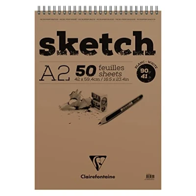 Image of Clairefontaine Ref 96601C Head Wirebound Sketch Pad (50 Sheets) A2 Sized, 90gsm Paper, Microperforated Suitable for Sketching with Pencil, Charcoal &amp; Felt Tip