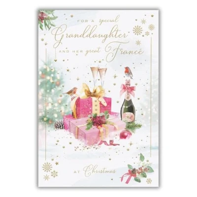 Image of ICG Granddaughter and Her Fiance Christmas Card, Single Cards with an Artistic Robins Champagne Design Special Finishes Xmas Envelope
