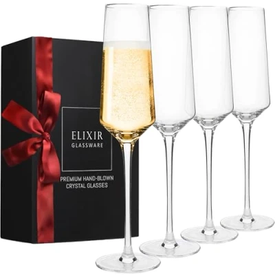 Image of ELIXIR GLASSWARE Classy Champagne Flutes Hand Blown Crystal Glasses Set of 4 Elegant Flutes, 100% Lead Free Premium Gift for Wedding, Anniversary, Christmas 8oz, Clear