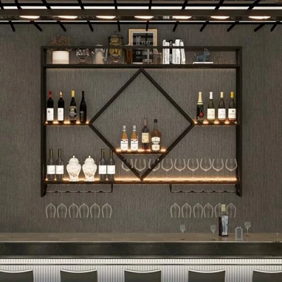 Image of AKOGG Modern Wine Storage Rack Wall Mounted With Hanging Glass Holder,Metal Bar Shelf LED Lighting,Liquor Bottle Display Shelf,Iron Floating Shelves,Wine Bottles Racks,For Kitchen,Black/Gold(Blac