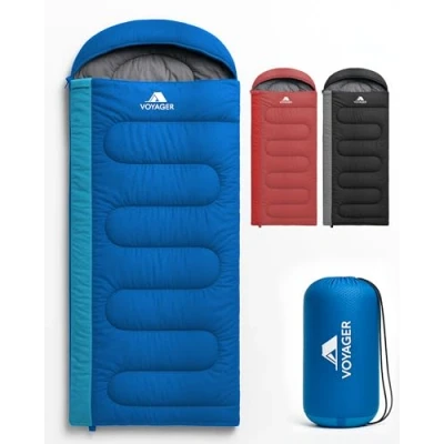 Image of Voyager Sleeping Bag for Adults Lightweight &amp; Compact, Versatile 3 4 Season Temperature, Spacious Design, Quality Material, Ideal Camping Backpacking 190x30x80cm Blue