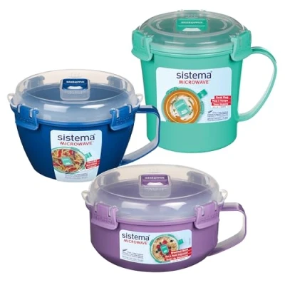 Image of Sistema Microwave Containers Soup Mug, Porridge Bowl &amp; Noodle Food with Steam Release Vents BPA Free Red 3 Count