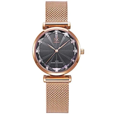 Image of Alienwork Women&#039;s Watch Rose Gold Metal Mesh Strap Blue Elegant Rhinestone