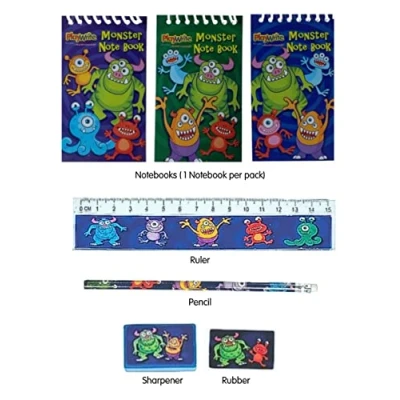 Image of 5 Piece Monster Stationery Set Pencil, Sharpener, Rubber, Ruler &amp; Notepad.