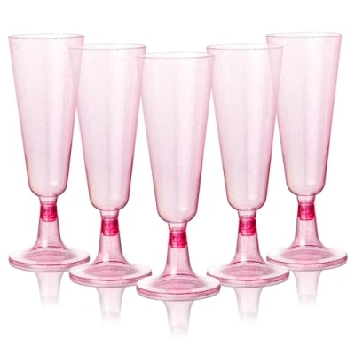 Image of MATANA 150 Premium Pink Plastic Champagne Flutes with Glitters, 150ml Reusable Toasting Glasses, Cocktail Prosecco Glasses for Weddings, Birthdays, Christmas, Bridal Showers, Themed Parties