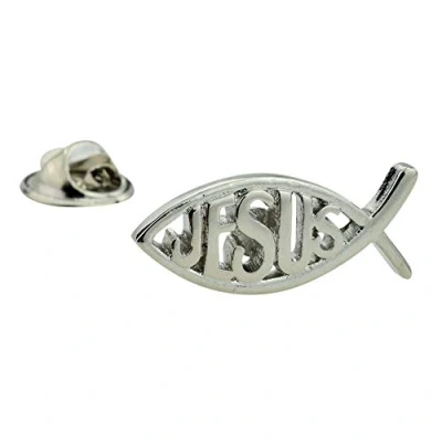 Image of Rhodium Plated Icthus Lapel Pin Badge with Jesus Text Infill X2AJTP113