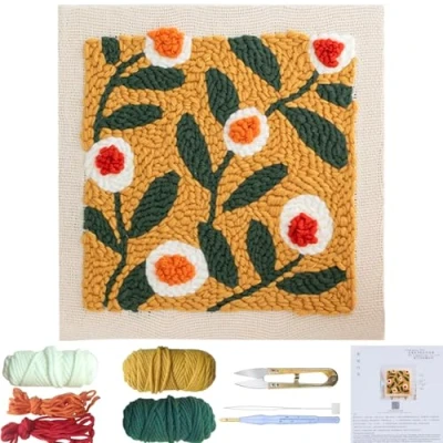 Image of Punch Needle Kit,Punch Kits for Adults Beginner with Adjustable Needle,Wooden Frame Floral Print,Punch Starter Kit Yarn,All Material ﻿