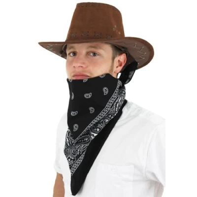 Image of COWBOY FANCY DRESS ACCESSORY SET COSTUME BROWN FAUX SUEDE HAT &amp; COLOURED PAISLEY BANDANA WILD WEST WESTERN BANDANNA (BLACK)