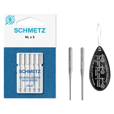 Image of Sewing Machine Needles Schmetz HLx5 (High Speed Professional Quilting), Various Assorted Sizes 75/11 &amp; 90/14, Single Packet, Includes Large Needle Threader