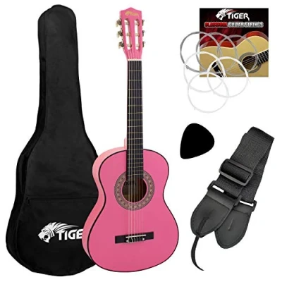 Image of TIGER CLG4 PK 3/4 Size Classical Guitar Pack Beginners Package with Accessories Pink