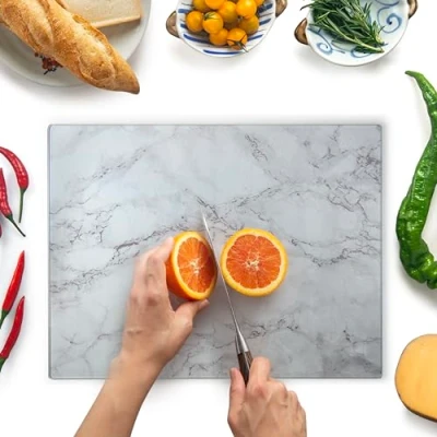 Image of Glass Chopping Board 40x30cm : Worktop Saver for Kitchens Durable, Hygienic Savers Scratch Resistant, Heat Proof, Easy Clean Grey Marble Design