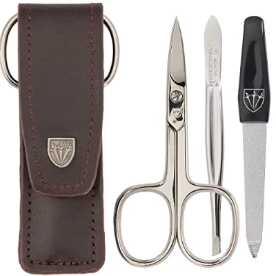 Image of 3 Swords Germany brand quality piece manicure pedicure grooming kit set for professional finger &amp; toe nail care scissors file genuine leather case in gift box, Made by (005243)