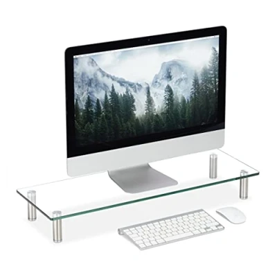 Image of Relaxdays Glass Display Stand, TV Pedestal, Notebook Riser, Height Adjustable 9 11 cm, W x D: 70 24 Clear, Stainless Steel, Aluminum, Pack of 1