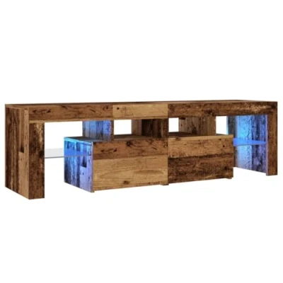 Image of vidaXL TV Cabinet with LED Lights Old Wood Finish Engineered Glass Stand Unit, 140x36.5x40 cm, Storage Shelves &amp; Doors, Modern Design