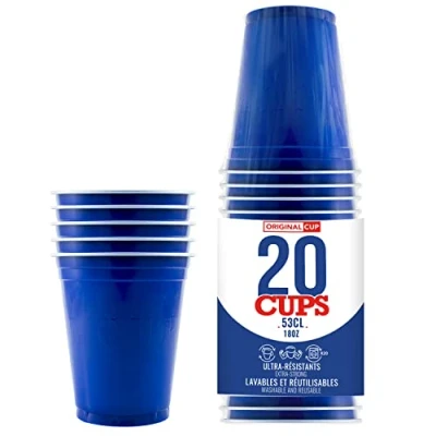 Image of Pack of x20 Official Original Blue Cups 53cl American Beer Pong Premium Quality Reusable Plastic Hand &amp; Machine Wash OriginalCup®