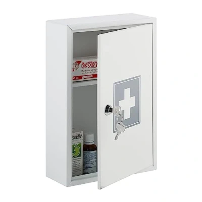 Image of Relaxdays Medicine Cabinet, Lockable, 2 Compartments, HWD: 32 x 21.5 8 cm, Wall Mounted, First Aid, Metal, White/Grey, Iron