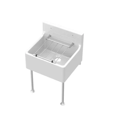 Image of Single Bowl Fireclay Cleaner Sink with Grill &amp; Legs, 455mm x 362mm 396mm White/Chrome Balterley