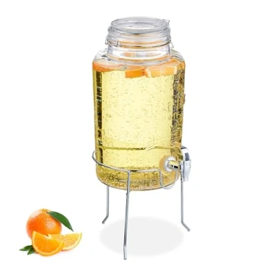 Image of Relaxdays Drinks Dispenser with Stand, 5 litres, Tap, Water Pitcher, Beverage Container, Clip Top, Transparent