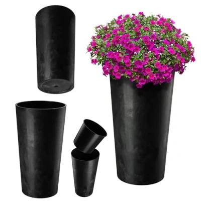 Image of KADAX Flower Pot with Wood Chips, Elegant Planter Removable Insert, Protector for Office, Pot, Garden Bowl (Concrete Black, Diameter 30 cm)