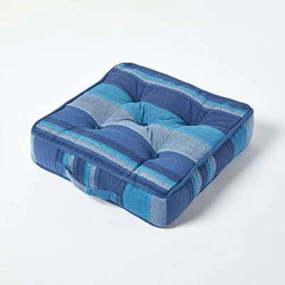 Image of HOMESCAPES Morocco Striped 100% Cotton Floor Cushion Blue 40 x 8 cm Square Indoor Garden Dining Chair Booster Seat Pad