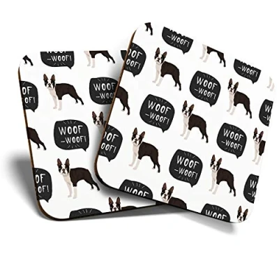 Image of Great Coasters (Set of 2) Square/Glossy Quality Coasters/Tabletop Protection for Any Table Type Playing Boston Terrier Puppy Dog #16619