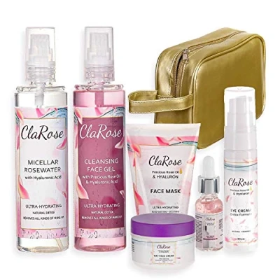 Image of ClaRose AntiAgeing Gift Bag for Her with Face Cream Eye Serum Micellar Water Cleaning Gel and Mask, Natural Rose, 6 count