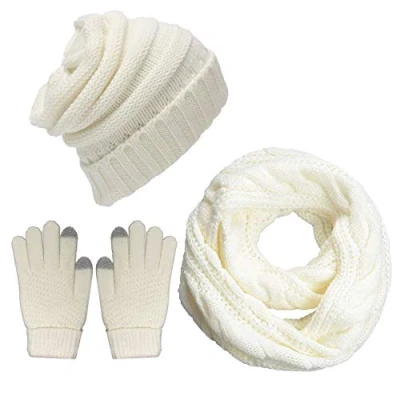 Image of CheChury Winter Hat Scarf and Gloves Set Warm Knitted Beanie Touch Screen for Women Skiing Outdoor Sports,White,One size