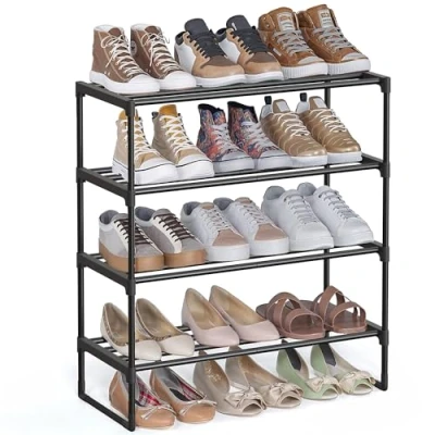 Image of SONGMICS 4 Tier Shoe Rack, Storage Organiser, Metal Upright or Upside Down, Fits 10 to 15 Pairs, Stackable, for Hallway, 30 x 68 75 cm, Black LSA204B01