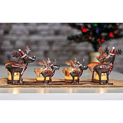 Image of HomeZone Christmas Reindeer Votive Tealight Candle Holder Rustic Metal and 4x Glass Festive Gift Xmas Table Centrepiece Rudolf Santa Light Decor