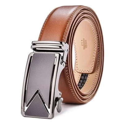 Image of Nelbons Men&#039;s Belt, Leather Ratchet Belt for Men with Slide Buckle,Trim to Fit width 3.5cm 1 3/8 inch…
