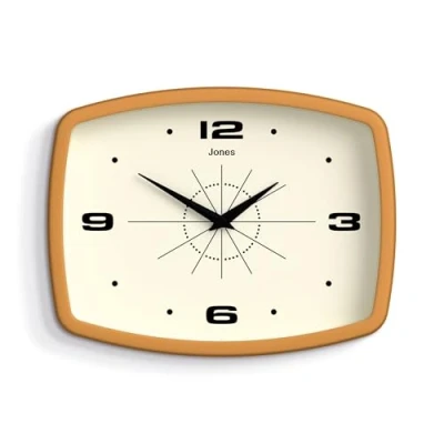 Image of JONES CLOCKS® Movie wall clock Retro rectangular 25cm Mustard yellow Cool designer look for kitchen, living room or office