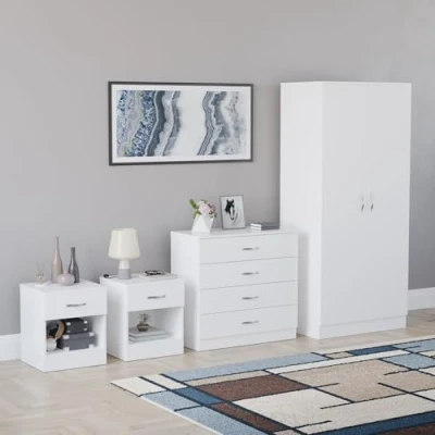 Image of Vida Designs Riano 4 Piece Bedroom furniture Set, 2 x 1 Drawer Bedside cabinets, Chest of &amp; Door Wardrobe (White)
