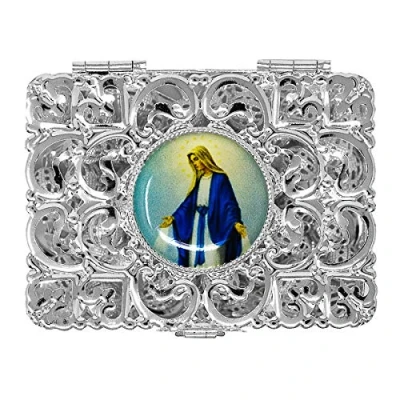 Image of Silver Miraculous Rosary Box Depicting Our Lady of Grace, Catholic Gifts &amp; Lourdes Prayer Card