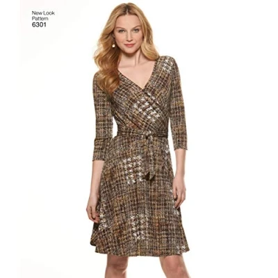 Image of New Look Size A 8 10 12 14 16 18 20 &quot;Just 4 Knits&quot; Sewing Pattern 6301 Misses&#039; Mock Wrap Knit Dresses, Multi Colour , White