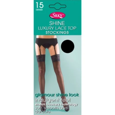 Image of Silky Womens/Ladies Shine Lace Stockings (1 Pair) (Medium (5ft 5ft8)) (Black)