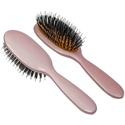Image of Rock &amp; Ruddle Natural Mixed Boar Bristle Hair Brush for Women and Kids (Large, 21cm) Perfect Wet or Dry Hair, Detangling Smoothing Blowdrying Designed Made in UK Rose Gold Design