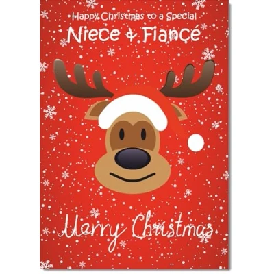 Image of doodlecards Niece &amp; Fiance Christmas Card Rudolph on Red Background Medium Size with Plain Envelope, 21 x 15cm