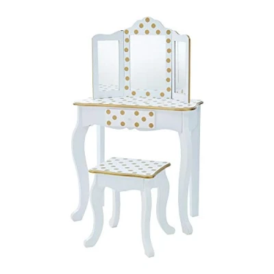 Image of Fantasy Fields Gisele Girls Dressing Table with Mirror and Stool, Kids Vanity Age 3 Years+, Tri Fold Mirror, White Gold Polka Dots