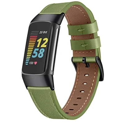 Image of Fintie Bands Compatible with Fitbit Charge 6/5, Genuine Leather Band Replacement Accessories Strap Wristband, Green