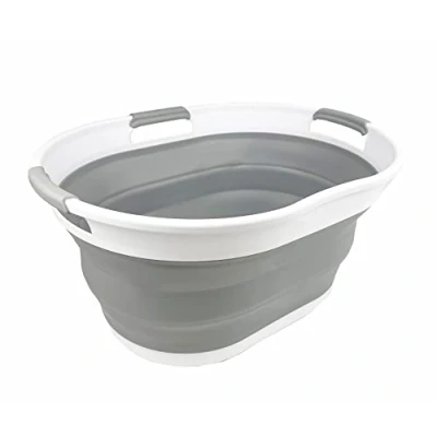 Image of SAMMART 25L Collapsible Plastic Laundry Basket Foldable Pop Up Storage Container/Organizer Portable Washing Tub Space Saving Hamper/Basket (White/Grey)