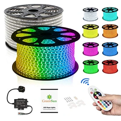 Image of GreenSun LED Strip Light 98.4ft(30m) RGB SMD 5050 Rope Lighting Color Changing with 24 Keys RF Remote Controller Band Strips IP65 for Party Garden Christmas House Decoration