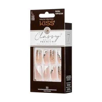 Image of KISS Classy Nails Premium Gorgeous Long Length Coffin False Kit Includes Nail Glue, Mini File, Manicure Sticks and 30