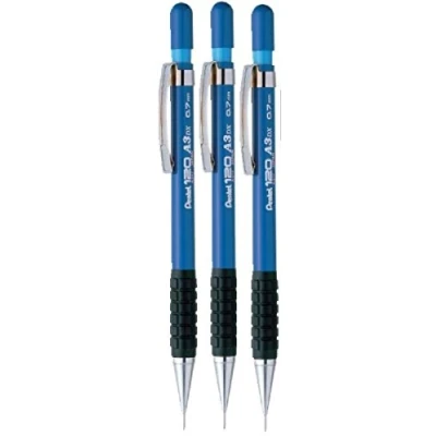 Image of Pentel 0.7mm (A37 C) Blue 120 DX Automatic Mechanical Pencil Refillable Lead Capped Metal Clip Rubber Grip (Pack Of 3)
