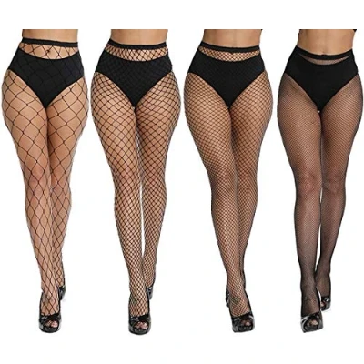 Image of DRESHOW 4 Pairs High Waist Tights Fishnet Stockings Thigh Pantyhose for Women