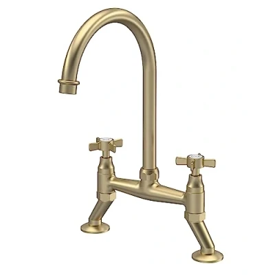 Image of nuie KB806 Kitchen Taps Traditional Bridge Mixer Tap with Crosshead Handles, 237mm, Brushed Brass