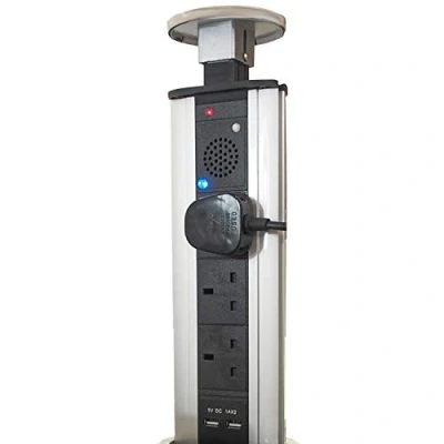 Image of Loops Pop Up 3 Gang Mains Power Extension Tower SILVER 3W BLUETOOTH AUDIO SPEAKER &amp; Plug Sockets 2x USB Charging Ports Hidden Pull Retractable Socket Kitchen Worktop Office Desk